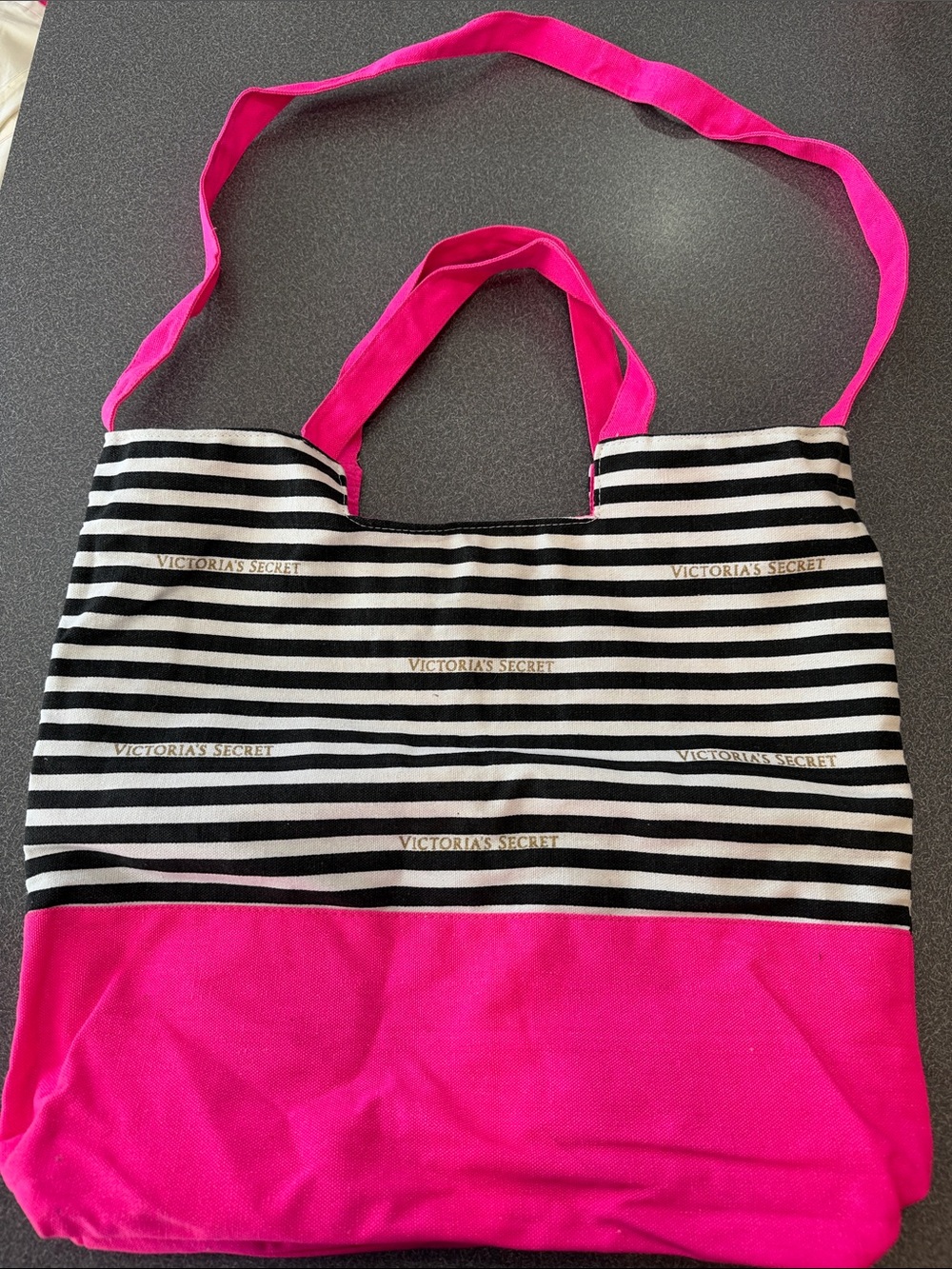 Victoria's Secret Black & White Striped Tote with Hot Pink Base and Handles